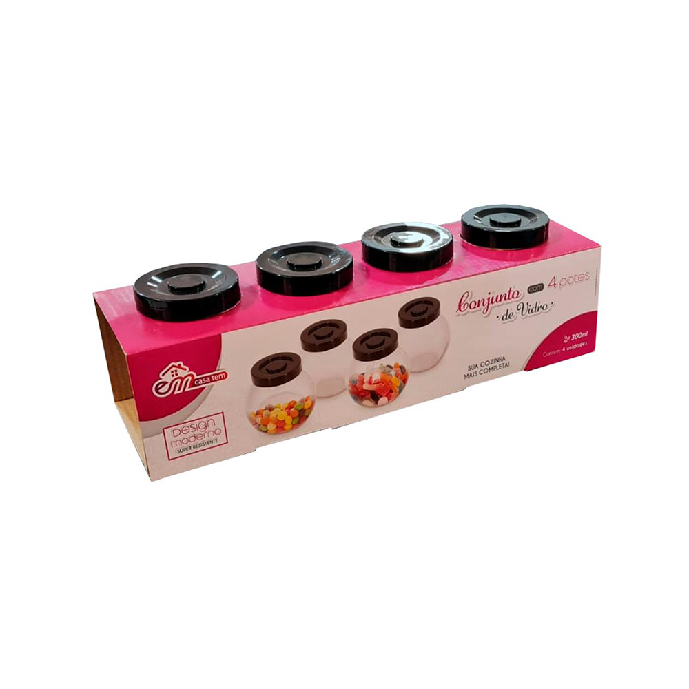 CONJUNTO COM 4 POTES DE VIDRO E TAMPA PRETA - 300ML CADA - CM12